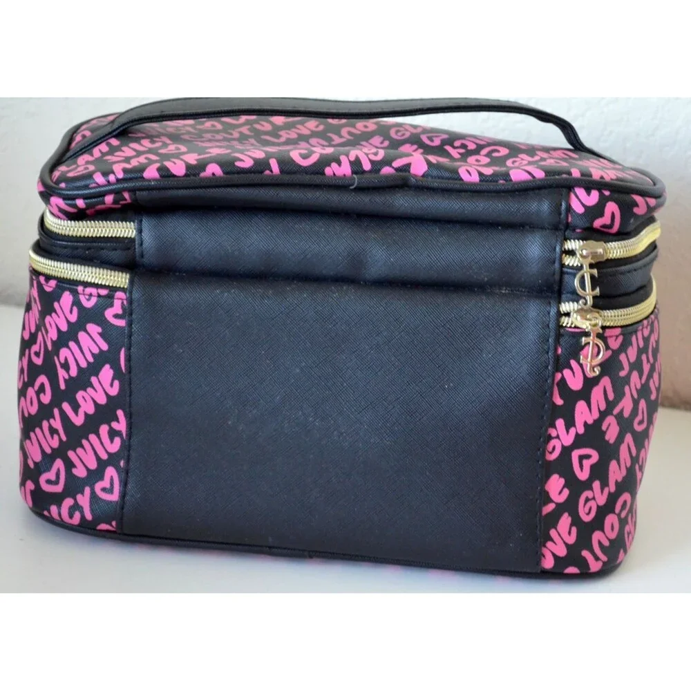 Juicy Couture Pink Black Cosmetic Makeup Bag Train Case 2 Zipper Compartments